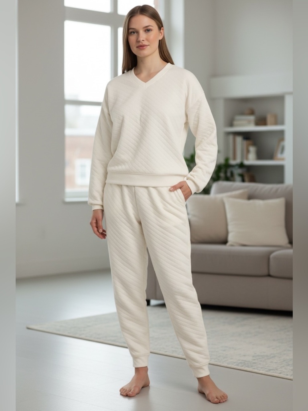 Lands’ End Women’s Quilted Lounge Set XL Cream 2-Piece Pullover & Pants NWT